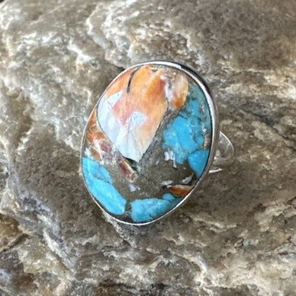Navajo Turquoise Spiny Oyster Ring | Sterling Silver | Sz 8 | Authentic Native American Handmade | 16622