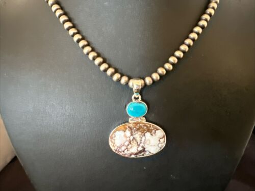 Navajo Wild Horse | Blue Kingman Turquoise Necklace | Sterling Silver | Authentic Native American Handmade | 17309