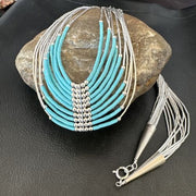 Navajo Blue Turquoise 10-Strand Heishi Necklace | Sterling Liquid Silver Tubes | 22" | 16448