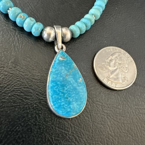Navajo Pearls Kingman Turquoise Necklace | Sterling Silver Pendant | Authentic Native American Handmade | 17125