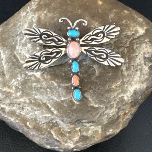 Navajo Dragonfly Pin Pendant | Blue Turquoise & Coral | Sterling Silver | Authentic Native American Handmade | 15236