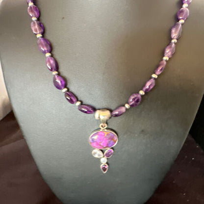 Mojave Turquoise Amethyst Pendant Necklace | Navajo Pearls | Sterling Silver | Native American Handmade | 16097