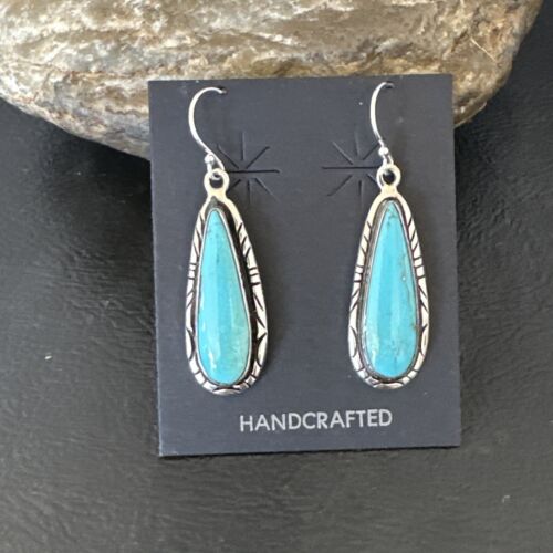 Navajo Blue Turquoise Dangle Earrings | Sterling Silver | Authentic Native American Handmade | 16511