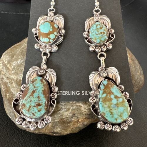 Navajo Blue Turquoise #8 Dangle Earrings | Sterling Silver | Authentic Native American Handmade | 16908