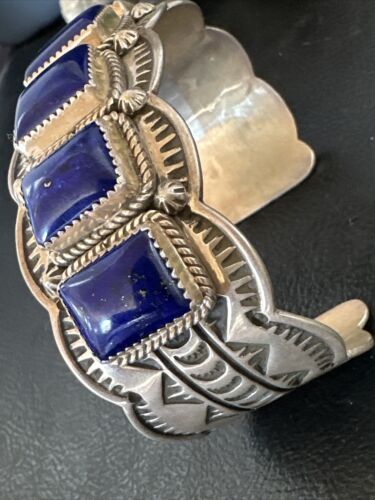 Navajo Blue Lapis 5 Stone Cuff Bracelet | Sterling Silver | XL Men's | Authentic Native American Handmade | 15861