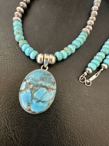 Navajo Men's Blue Spiderweb Turquoise Pendant Necklace | Sterling Silver | Authentic Native American Handmade | 17116