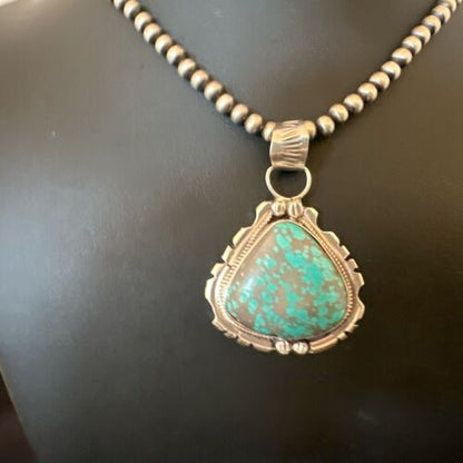 Navajo Men's Blue Turquoise #8 Pendant Necklace | Sterling Silver | Authentic Native American Handmade | 17123