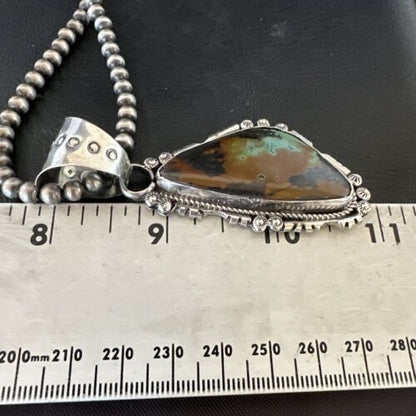 Men's Navajo Green Turquoise Pendant Necklace | Sterling Silver | Authentic Native American Handmade | 17530