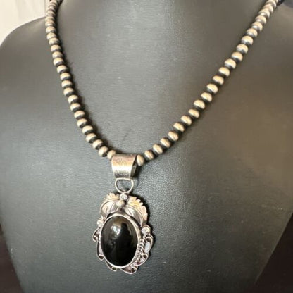 Native American Men's Pendant | Navajo Pearls | Sterling Silver Black Onyx Necklace | 16128