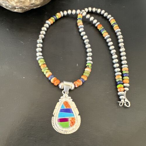 Navajo Spiny Oyster Turquoise Lapis Inlay Pendant Necklace | Sterling Silver | 21" | Authentic Native American Handmade | 16627