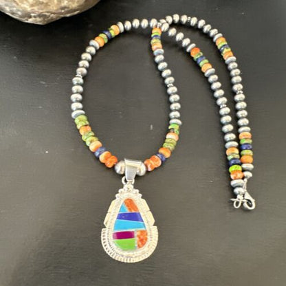 Navajo Spiny Oyster Turquoise Lapis Inlay Pendant Necklace | Sterling Silver | 21" | Authentic Native American Handmade | 16627