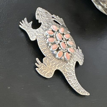 Handmade Stamped Navajo Pink Coral Horny Toad Pin | Authentic Native American Jewelry | 15669