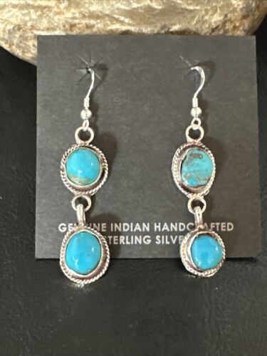 Kingman Turquoise Dangle Earrings | Navajo Sterling Silver | Authentic Native American Handmade | 14865