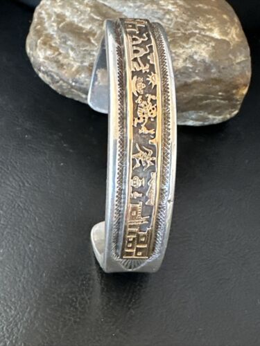 Navajo Sterling Silver Cuff Bracelet | 12K Gold Pueblo Stamped by V Hicks | Authentic Native American Handmade | 15989