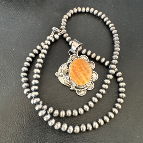 Navajo Orange Spiny Oyster Pendant Necklace | Sterling Silver Pearls | Authentic Native American Handmade | 16554