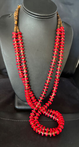 Navajo Red Coral Shell Bead Necklace | Sterling Silver | 30" | Authentic Native American Handmade | 15283