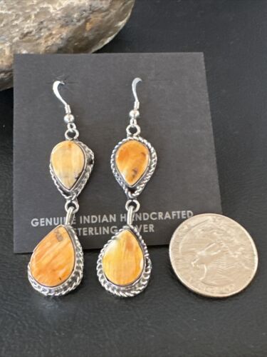 Navajo Orange Spiny Oyster Dangle Earrings | Sterling Silver | 1.5" | Authentic Native American Handmade | 16575