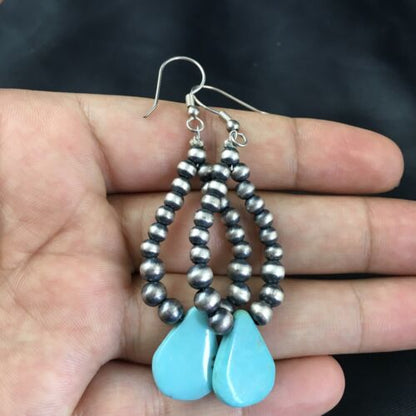 Navajo Blue Cluster Turquoise Dangle Earrings | Sterling Silver | 2" | Authentic Native American Handmade | 1983