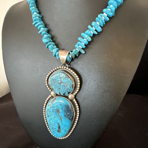 Navajo Blue Kingman Turquoise Pendant Necklace | Sterling Silver | 32" | Authentic Native American Handmade | 16068