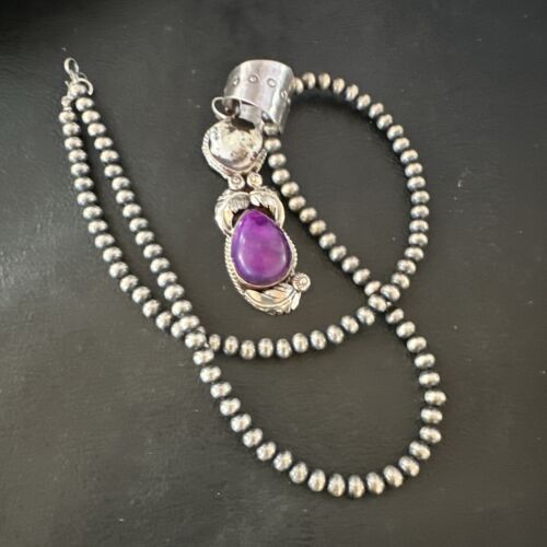 White Buffalo Turquoise & Sugilite Pendant | Navajo Pearls | Sterling Silver | Native American Handmade | 16871