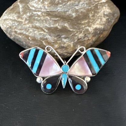 Zuni Butterfly Turquoise Mother of Pearl Onyx Inlay Pin Pendant | Sterling Silver | 15151