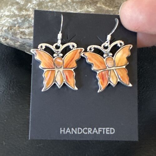 Navajo Butterfly Orange Spiny Oyster Inlay Earrings | Sterling Silver | Authentic Native American Handmade | 16523
