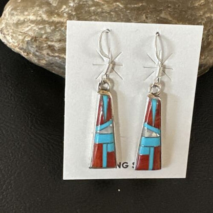 Navajo Blue Turquoise Red Coral Inlay Earrings | Sterling Silver | 1" | Authentic Native American Handmade | 15701