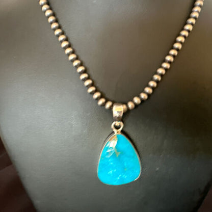 Navajo Blue Kingman Turquoise Pendant Necklace | Sterling Silver | 20" | Authentic Native American Handmade | 16671
