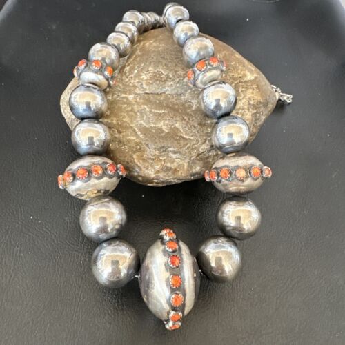 Navajo Orange Spiny Oyster Graduated Necklace | Sterling Silver | 21" Single Strand| Authentic Native American Handmade | 16616