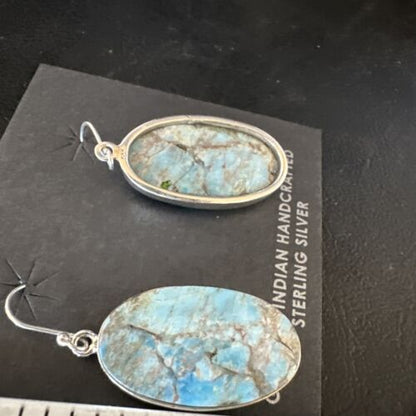 Navajo Blue Turquoise Dangle Earrings | Sterling Silver | Authentic Native American Handmade | 15430