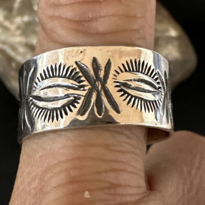 Men's Wide Band Navajo Stamped Ring | Sterling Silver | Sz 11.5 | Authentic Native American Handmade | 16770