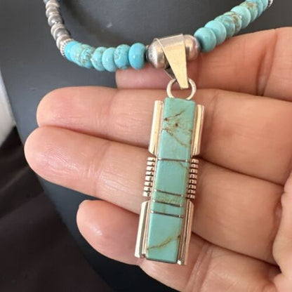 Navajo Turquoise #8 Inlay Pendant Necklace | Sterling Silver | Authentic Native American Handmade | 17055