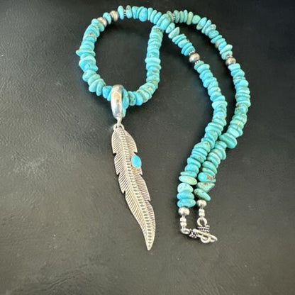 Navajo Blue Turquoise Leaf Pendant | Sterling Silver Pearls Necklace | 21" | Authentic Native American Handmade | 17540