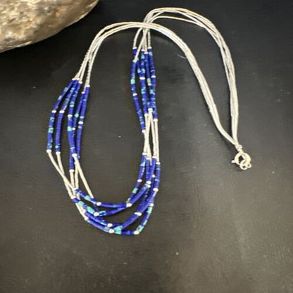 Navajo Blue Green Azurite 5-Strand Necklace | Sterling Silver | 20" | Authentic Native American Handmade | 15134