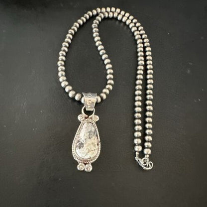 Men's White Buffalo Turquoise Pendant Necklace | Navajo Pearls | Sterling Silver | Native American Handmade | 17332