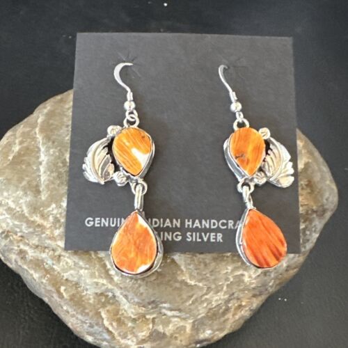 Navajo Orange Spiny Oyster Dangle Earrings | Sterling Silver | 1.5" | Authentic Native American Handmade | 16568