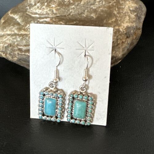 Navajo Blue Turquoise Dangle Earrings | Sterling Silver | Authentic Native American Handmade | 15439
