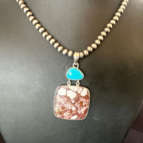 Men's Wild Horse & Blue Kingman Turquoise Necklace | Sterling Silver SW Pendant | 17320
