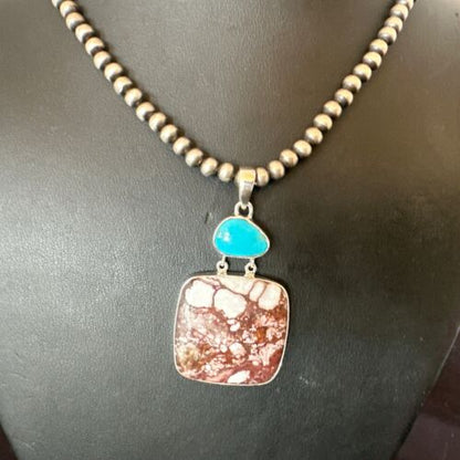 Men's Wild Horse & Blue Kingman Turquoise Necklace | Sterling Silver SW Pendant | 17320