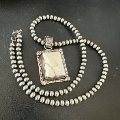 Navajo White Buffalo Turquoise Pendant | Sterling Silver Pearls Necklace | Authentic Native American Handmade | 17101