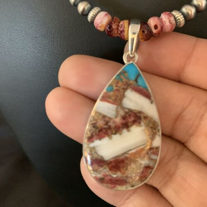 Navajo Pearls Turquoise & Spiny Oyster Pendant Necklace | Sterling Silver | 20" | Authentic Native American Handmade | 13872