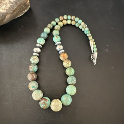 Navajo Green Turquoise Bead Necklace | Sterling Silver | Graduated | Authentic Native American | 18" | 17402