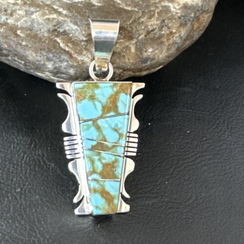 Navajo Blue #8 Turquoise Inlay Pendant | Sterling Silver | 2" | Authentic Native American Handmade | 15681