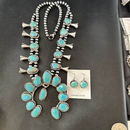 Kingman Turquoise Navajo Squash Blossom Necklace & Earrings | Sterling Silver | Native American Handmade | 16538