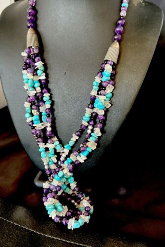 Purple Amethyst Blue Turquoise Necklace | Sterling Silver | Authentic Native American Handmade | 17506
