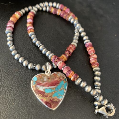 Navajo Turquoise and Spiny Oyster Pendant Necklace | Sterling Silver | 20" | 13871