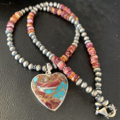 Navajo Turquoise and Spiny Oyster Pendant Necklace | Sterling Silver | 20" | 13871