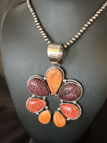 Navajo Purple Red Spiny Oyster Necklace with Naja Pendant | Sterling Silver | Native American Handmade | 14845