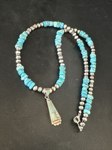 Navajo Kingman Turquoise Pendant Necklace | Sterling Silver | Native American Handmade | 14833