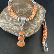 Navajo Orange Spiny Oyster Pendant Necklace | Sterling Silver | Multi-Stone | Authentic Native American Handmade | 15254